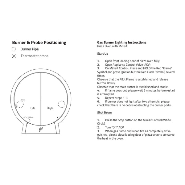 Valoriani gas burner and probe positioning diagram with lighting and shut down instructions