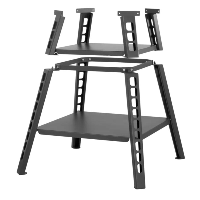 Assembled black Valoriani STAND F60 Pizza Oven support frame shown on a white background, with angled metal legs, upper oven platform, lower shelf, and exposed bolt connections.