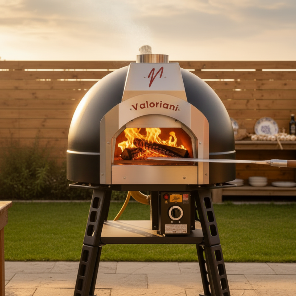 Black Valoriani STAND F60 Pizza Oven on a matching stand in an outdoor kitchen, with a live wood fire inside, gas control panel below, and a pizza peel reaching into the oven.
