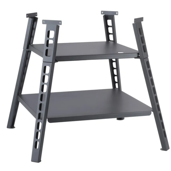 Black Valoriani STAND F60 Pizza Oven metal stand with two flat storage shelves, four angled legs with rectangular cut-outs, and mounting plates for supporting a Valoriani oven.