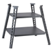 Black Valoriani STAND F60 Pizza Oven metal stand with two flat storage shelves, four angled legs with rectangular cut-outs, and mounting plates for supporting a Valoriani oven.
