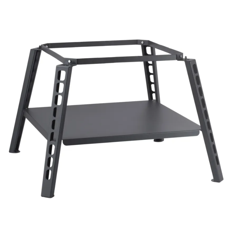 Lower section of the Valoriani STAND F60 Pizza Oven stand with a black metal storage shelf, wide rectangular support frame, and angled legs designed to hold the oven securely.