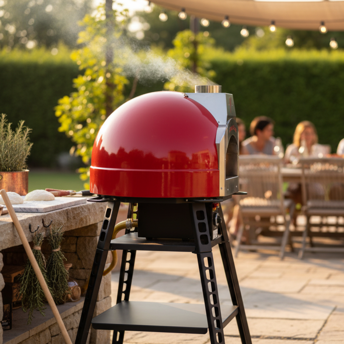 Red Valoriani STAND F60 Pizza Oven viewed from the back on a black metal stand, with smoke rising from the flue and guests seated at an outdoor dining table in the background.
