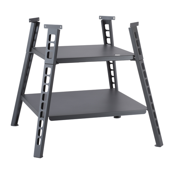 Valoriani STAND F75 pizza oven stand shown on its own in black powder-coated steel, with two flat shelves, four angled legs and the divisible two-piece frame visible.