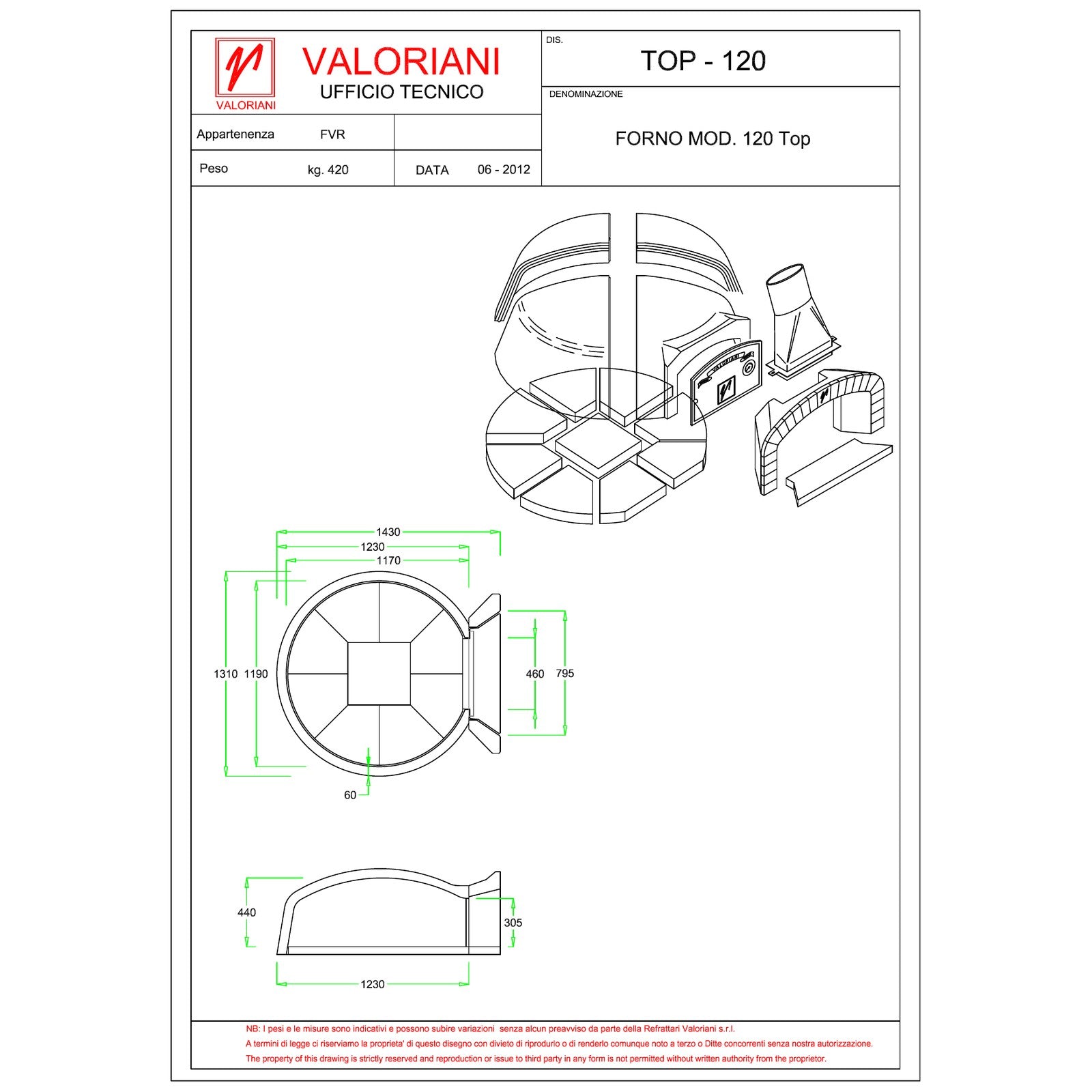 Valoriani TOP120 technical drawing showing the modular kit components