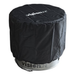 VisionLINE Fire Pit Cover in black shown fitted over a round VisionLINE fire pit, with the VisionLINE logo visible on top and the metal base partly exposed below.