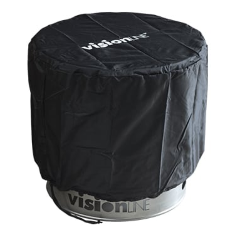 VisionLINE Fire Pit Cover in black shown fitted over a round VisionLINE fire pit, with the VisionLINE logo visible on top and the metal base partly exposed below.