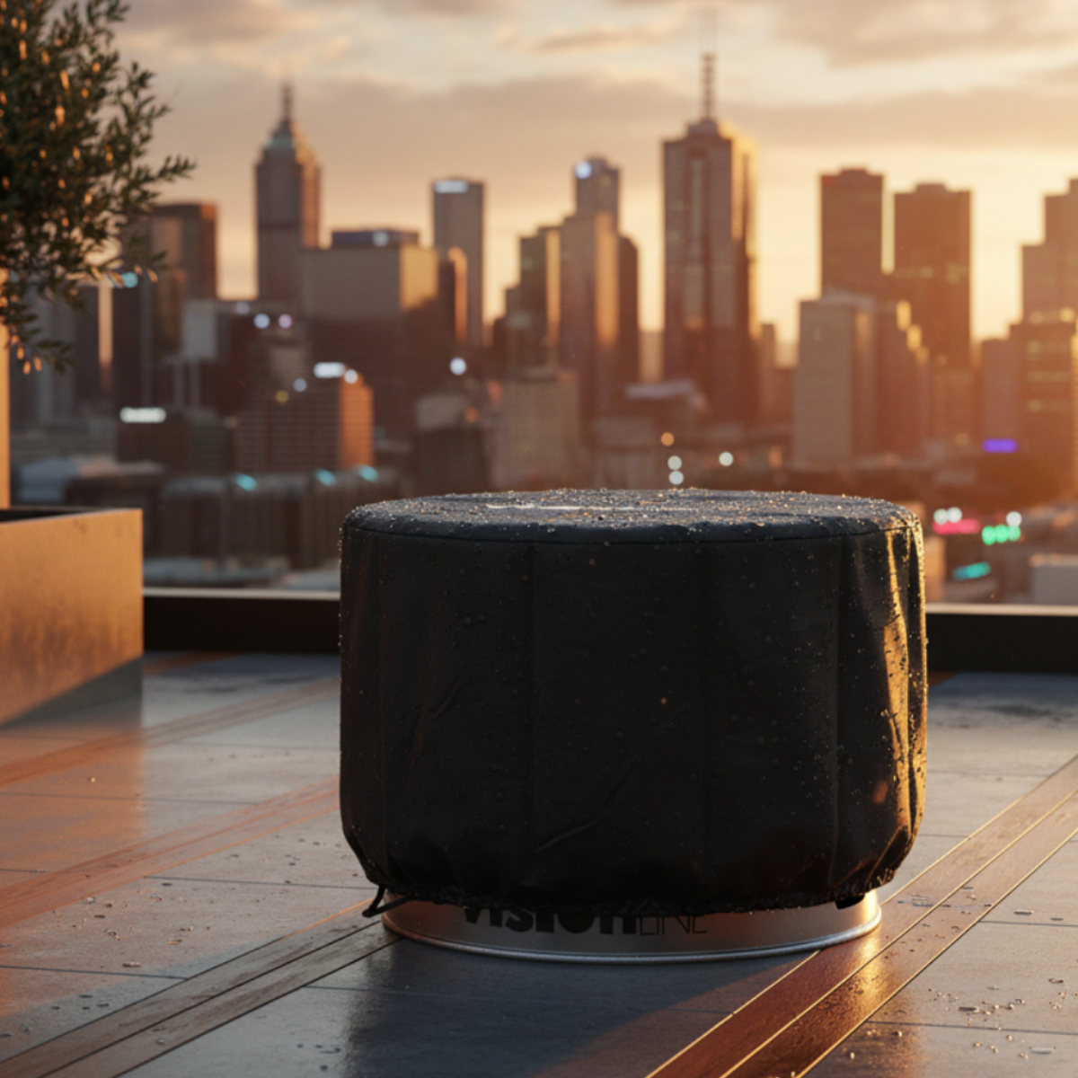 VisionLINE Fire Pit Cover protecting a round fire pit on an elevated balcony at sunset, with water droplets on the black cover and a city skyline in the background.