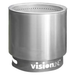 VisionLINE Fire Pit Mini V2 in stainless steel shown from the front, with a round brushed metal body, perforated inner rim, and VisionLINE branding on the base.