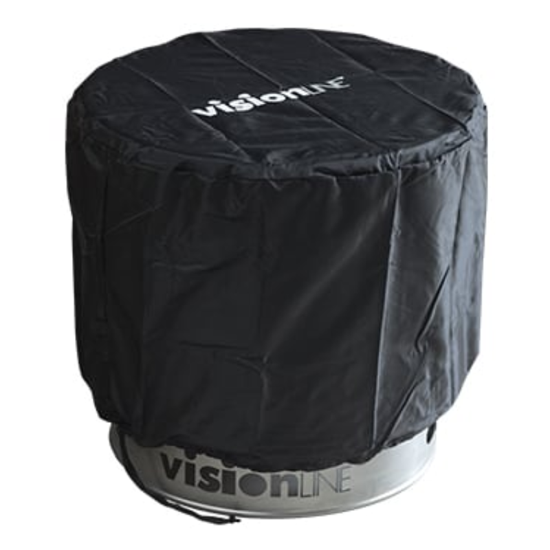 A black cover designed to protect the VisionLINE Fire Pit V2, featuring the VisionLINE logo prominently displayed on top, with the fire pit partially covered.