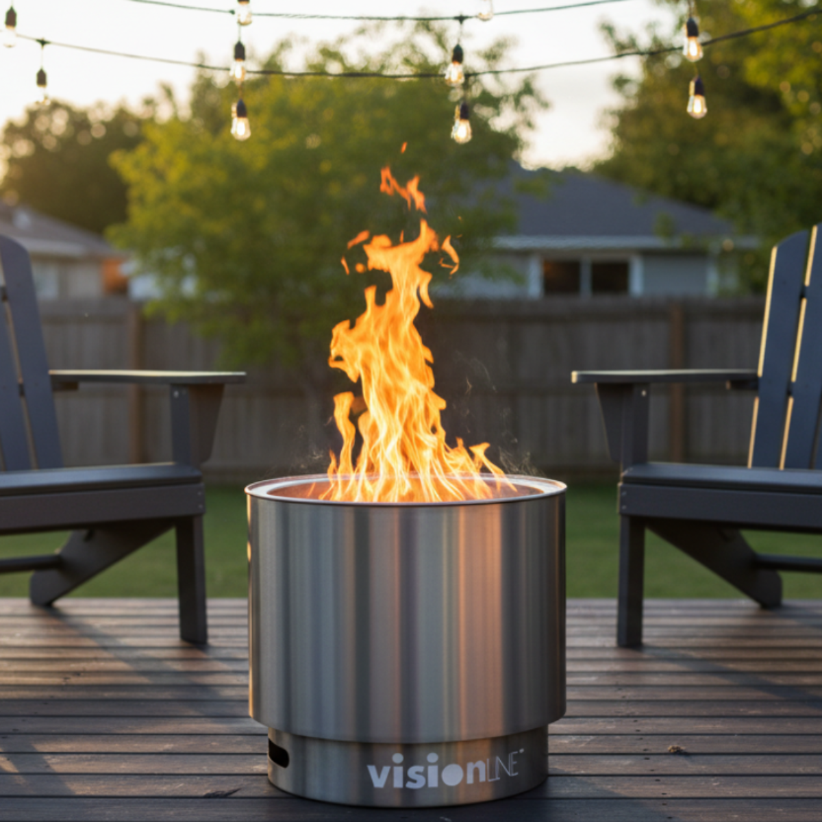 The VisionLINE Fire Pit V2 made of stainless steel, glowing with fire in a backyard setting, surrounded by outdoor seating and illuminated by string lights.