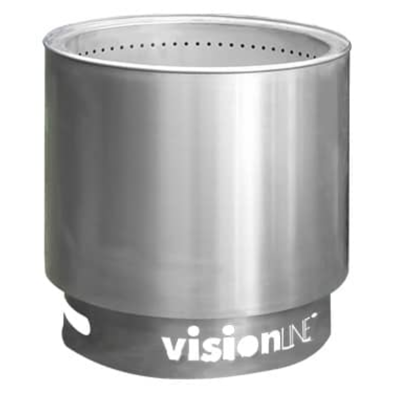 Close-up view of the VisionLINE Fire Pit V2 made from sleek stainless steel, showcasing its modern design with perforated sides for ventilation.